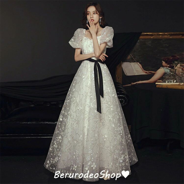 Rakuten - イブニングドレス ロングドレス パフスリーブ 花柄 オシャレ パーティードレス 白 エレガント 優雅 結婚式ドレス 二次会ドレス Vネック