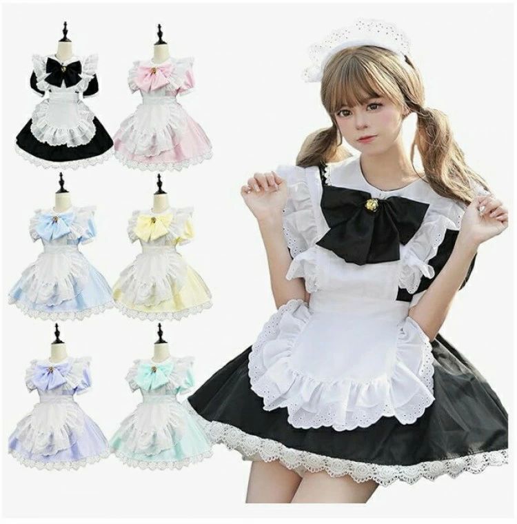 メイド服 コスプレ 萌え コンカフェ メイド 定番 ショート丈 可愛い レース メイドコスチューム 5点セット ロリータ ワンピース レディ