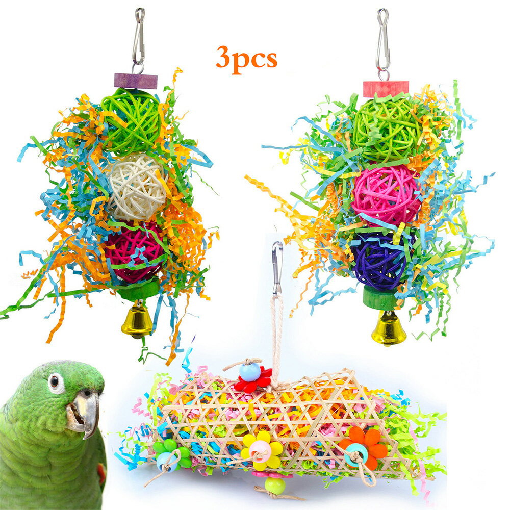 バードトイ オウムおもちゃ 鳥用品 鳥おもちゃ マルチカラー 止まり木 噛む玩具 追う玩具 籐ボール ストレス解消 (3点セット)