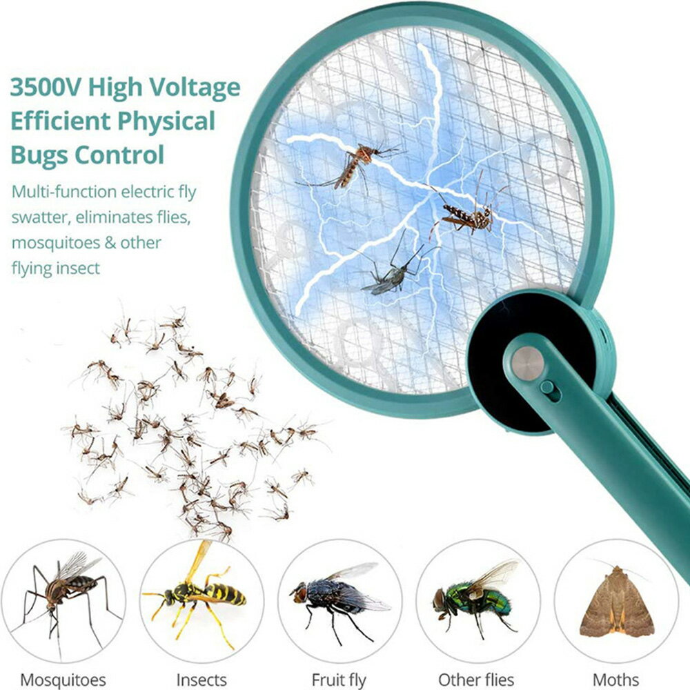 【最新版-折り畳み電撃殺虫ラケット】2つモード：手動＆自動。●自動蚊駆除：ハンドルを90°に回し、電撃殺虫器として机に置き、誘引モード、一日中に自動蚊を退治できます。●手動蚊駆除：ハンドルをまっすぐに回し、電撃殺虫ラケットの使用として、サッと振るだけで簡単に小虫を退治できます。 【画期的なデザイン】電気蚊よけの伝統的なデザインを打ち破り、折り畳み式の概念を使用して、外観おしゃれ、機能も上がります。時代に超えて、機能はますます進歩しています。収納便利、省ペースで、折り畳みサイズ：28*23*4.3cm 【3層ネット＆3500V高電圧】3層構造の中央ネットに静電気を発生させて、ラケットを振り害虫に当てるだけで駆除できます。のみ電流が流れますので、外側のメッシュに触れても電機は流れませんので安心ですが、手を触れたり人に向けて当てたりする行為は危険ですのでおやめください。また、感電の恐れが有りますのでお風呂場や水のかかる場所でのご使用はおやめください。 【薬剤を使わず・安心安全な蚊よけラケット】 UV光源誘引式の殺虫ライト、電撃で一瞬蚊や蛾などの虫を殺す！蚊取り線香より、物理的な方法で薬剤不要、毒素、煙や匂いなど全然なくて騒音もなし！様々な所に適用、プロの飲食店でも使われている、本格仕様の電撃殺虫器！小さなお子様と犬・猫などのペットがいるご家庭でも安心してお使いいただけます。 【様々な場所で大活躍殺虫ラケット】室内だけでなく、殺虫剤や蚊取り器の効果がでにくい屋外での使用にも便利です。蚊だけでなく蜂や、ハエなどの小さい害虫を死滅することができます。厄介なバグを一度とすべての排除。バーベキューや外で食べるときに完全に不適切である毒性バグスプレーを忘れて、蚊取り線香や殺虫スプレーはお体や環境に安全性のリスクを持っていません。電撃殺虫ラケット は環境に優しく人やペットの安全面にも配慮しております。
