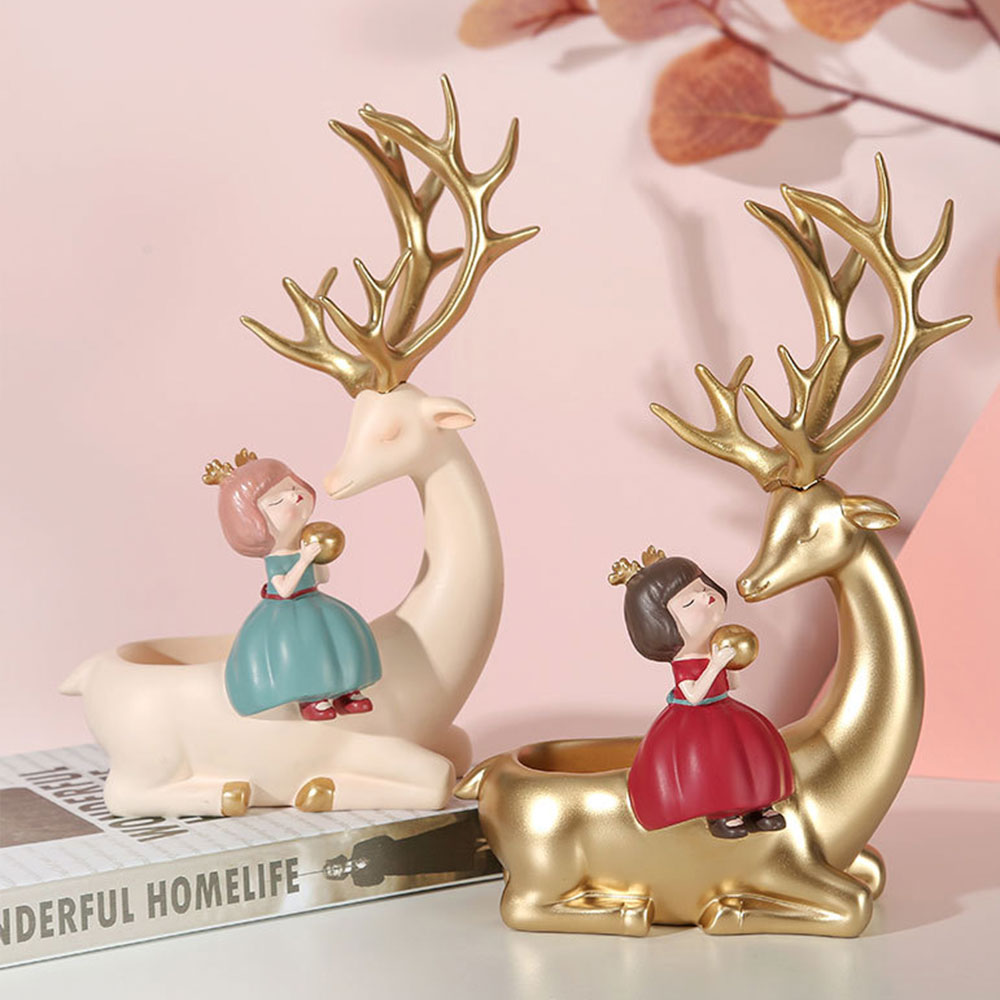 置物オーナメント 樹脂置物収納クリエイティブガールハートルームデコレーションキー収納ボックス樹脂工芸品鹿の装飾ギフト-ピンク