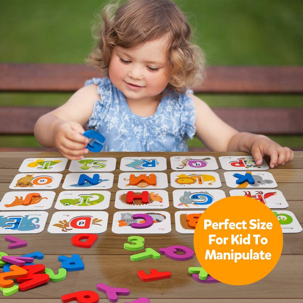 数字とアルファベットフラッシュカードセット - ABC木製文字と数字 動物カードボード マッチングパズルゲーム モンテッソーリ 教育玩具 3歳以上の幼児向けギフト