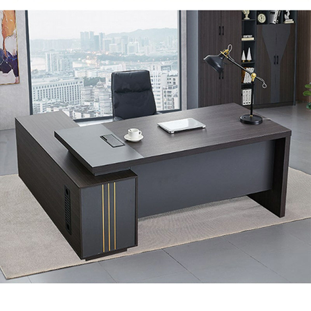 福居家具(フクイカグ) オフィスデスク　エグゼクティブデスク　役員デスク　ワークデスク　幕板　サイドキャビネット　配線ボックス　引き出し　グレーオーク　カスタマイズ可能