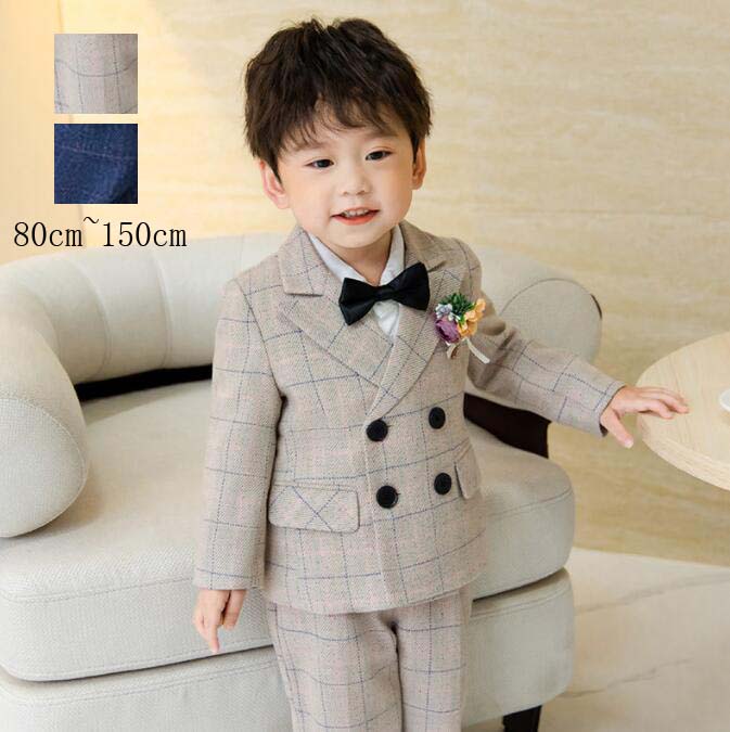 【送料無料】フォーマルスーツ 子どもスーツ 男の子スーツ チェック柄 キッズスーツ 子供 男の子 結婚式 ベビー 卒園式 入学式 入園式スーツ 上下セット お受験 誕生日 発表会 パーティー 礼服 スーツセット 韓国風6点 ジャケット＋ベスト＋シャツ＋パンツ+蝶結び+コサージュのサムネイル