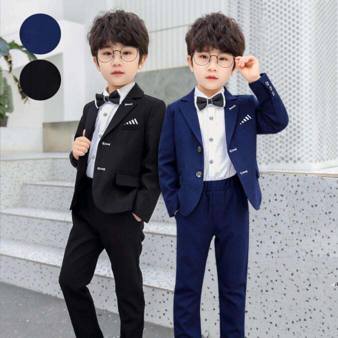 【送料無料】キッズ 結婚式スーツ 演出服 ベビー服 フォーマルスーツ 長袖 子供用 スーツ 男の子 スーツセット 折襟 子供スーツ 子供服 オシャレ 上下セット フォーマル 初節句 お宮参り 高品質 かっこいい 七五三 入園式 入学式 卒業式 4点ジャケット+パンツ＋シャツ+蝶結び