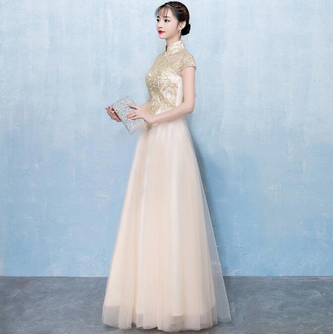 【送料無料】Aラインドレス ロングドレス Vネック 立ち襟 結婚式 花嫁の介添え イブニングドレス パーティードレス レデイース 撮影 マキシ丈ワンピース ミモレ丈ワンピース 袖あり 発表会 二次会 同窓会 スレンダー演出会 演奏会 上品 エレガント 披露宴 お呼ばれ 前短後長