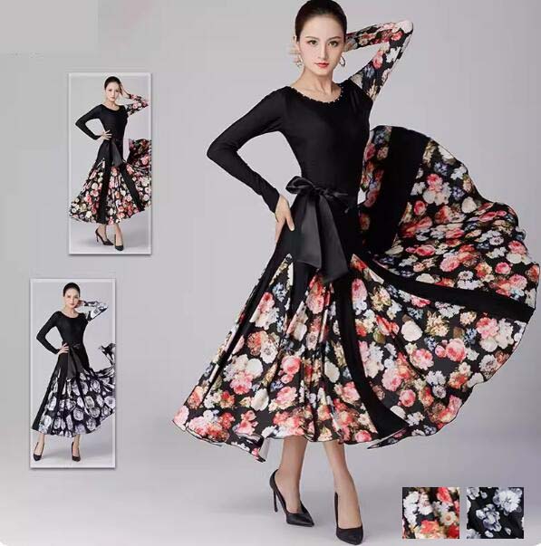 社交ダンス専用ダンス ドレス 演出服競技用 ワルツドレス エレガント 踊りドレス イベント服スタンダードダンス 舞台 花柄 マキシ丈ワンピース ダンスウエア 大きい裾 練習着 長袖 S/M/L/XL/2XL/3XL 高級感 ラテンダンス衣装 ステージ衣装 ゴージャス フラメンコ 上品 優雅