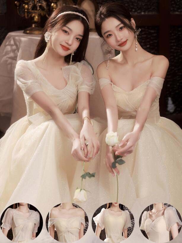 ロングドレス マキシ丈ワンピース 送料無料 ロング丈/ミモレ丈 お呼ばれ 花嫁の介添え人 花嫁ドレス ワンピース パーティードレス 着痩せ 編み上げ フォーマル 可愛い ブライズメイド 結婚式ドレス 卒業式 レディース 半袖 司会 ウェディングドレス 宴会ドレス シャンパン