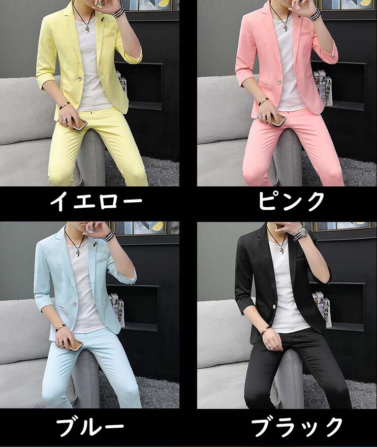 スーツ カジュアルスーツ フォーマルスーツ ビジネススーツ パンツスーツ 送料無料 スーツセット メンズスーツ 薄手 七分袖 シングルスーツ 一つボダン 制服 スリピース 3点 ジャケット+ズボン+Tシャツ スタイリッシュ 通勤 紳士服 事務服 スリム スキニー パンツ ボトムス