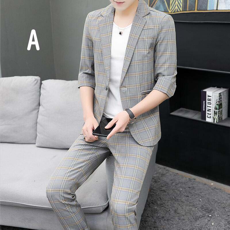 チェック柄 メンズスーツ カジュアルスーツ シングルスーツ 送料無料 フォーマルスーツ 薄手 七分袖 五分袖 一つボダン制服 スーツセット 夏服 ビジネススーツ スリピース スタイリッシュ ジャケット+ズボン 通勤 紳士服 事務服 スリム スキニー 新作 大きいサイズ 七五三