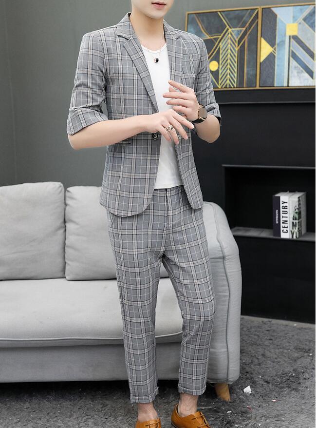 チェック柄 メンズスーツ カジュアルスーツ シングルスーツ 送料無料 フォーマルスーツ 薄手 七分袖 五分袖 一つボダン制服 スーツセット 夏服 ビジネススーツ スリピース スタイリッシュ ジャケット+ズボン 通勤 紳士服 事務服 スリム スキニー 新作 大きいサイズ 七五三