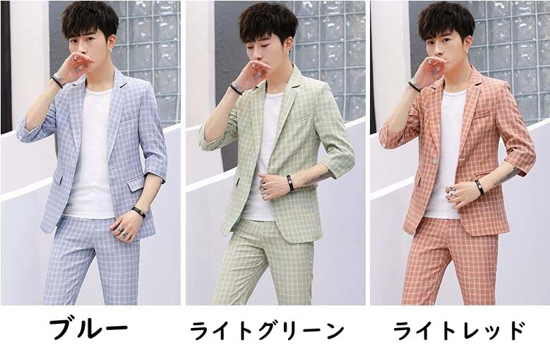 チェック柄 9分丈パンツ スーツセット メンズスーツ ジャケット+ズボン+Tシャツ カジュアル シングルスーツ 送料無料 フォーマルスーツ薄手 七分袖 五分袖一つボダン 制服 ビジネススーツ スリピース スタイリッシュ 通勤 紳士服 事務服 スリム スキニー 大きいサイズ 七五三