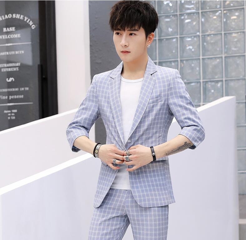 チェック柄 9分丈パンツ スーツセット メンズスーツ ジャケット+ズボン+Tシャツ カジュアル シングルスーツ 送料無料 フォーマルスーツ薄手 七分袖 五分袖一つボダン 制服 ビジネススーツ スリピース スタイリッシュ 通勤 紳士服 事務服 スリム スキニー 大きいサイズ 七五三