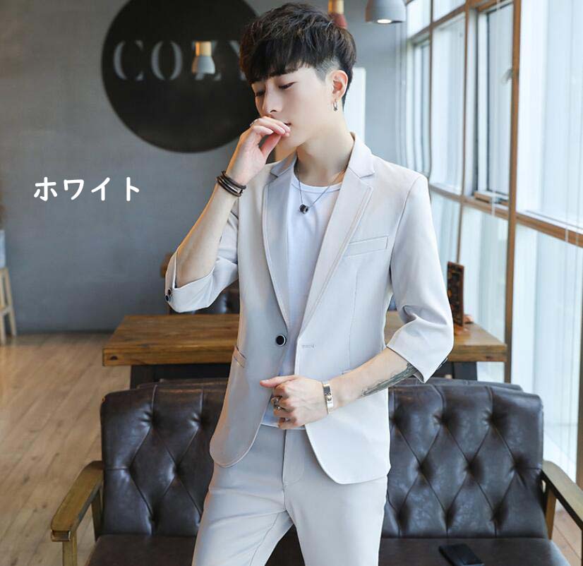 送料無料 パンツスーツ 通勤スーツ スーツセット メンズスーツ フォーマルスーツ ビジネススーツ 薄手 七分袖 シングルスーツ 一つボダン 制服 夏服 スリピース 3点セット スタイリッシュ カジュアルスーツ 紳士服 事務服 スリム スキニー パンツ ボトムス M L XL XXL XXXL