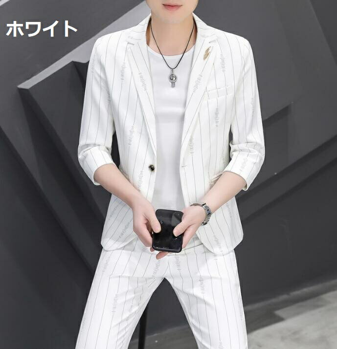 ストライプ スーツセット 夏服 ビジネススーツ メンズスーツ カジュアルスーツ シングルスーツ 送料無料 フォーマルスーツ 薄手 七分袖 五分袖 一つボダン制服 スリピース スタイリッシュ 2点ジャケット+ズボン 通勤 紳士服 事務服 スリム スキニー 新作 大きいサイズ 七五三