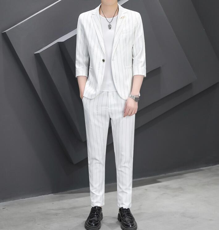 ストライプ スーツセット 夏服 ビジネススーツ メンズスーツ カジュアルスーツ シングルスーツ 送料無料 フォーマルスーツ 薄手 七分袖 五分袖 一つボダン制服 スリピース スタイリッシュ 2点ジャケット+ズボン 通勤 紳士服 事務服 スリム スキニー 新作 大きいサイズ 七五三