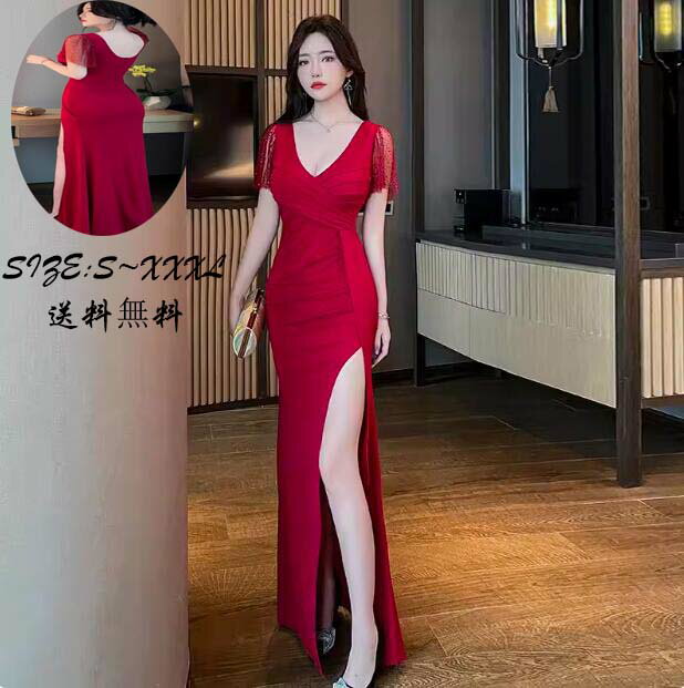 お嬢様 モーターショー タイトワンピース ロングドレス パーティードレス ナイトドレス 優雅 スリット..