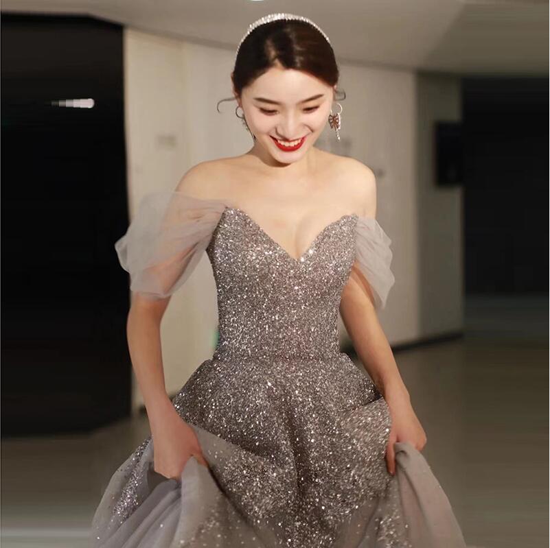 ロングドレス 韓国風 お呼ばれドレス 肩出し バックレス 宴会オフショルダー フェミニン Vネック ウエディングドレス プリンセスライン ブライズメイド 結婚式 パーティードレス 披露宴 ピアノ 発表会 マキシ丈ワンピース 着痩せ 撮影 花嫁 スパンコール 華やか キラキラ