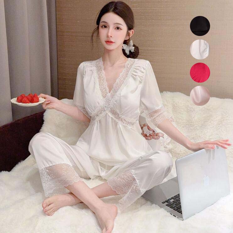 ナイトウェア お姫様風 パジャマ 可愛い 女性ネグリジェ 寝巻き パジャマ ネグリジェ 姫 ルームウェア 送料無料 ランジェリー 快適パジャマ レース 模造シルク レディース 部屋着 サテン 体型カバー 寝間着 大きいサイズ 婦人 長袖 長パンツ 半袖 短パンツ M L XL