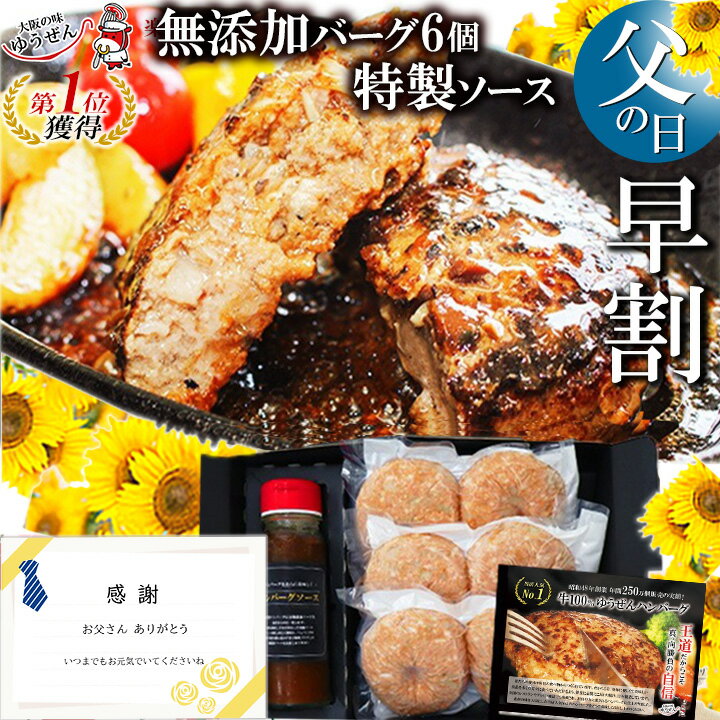 [ 6/2 23:59迄 早割 父の日 ギフト 300円OFF ] 楽天1位 ハンバーグ ギフト仕様 無添加 牛100% ゆうぜん ハンバーグ 6食 (2個×3パック) + 特製ソースセット 真空パック実用的な 肉 惣菜 お取り寄せ グルメ 通販 送料無料 冷凍 食品 夏ギフト