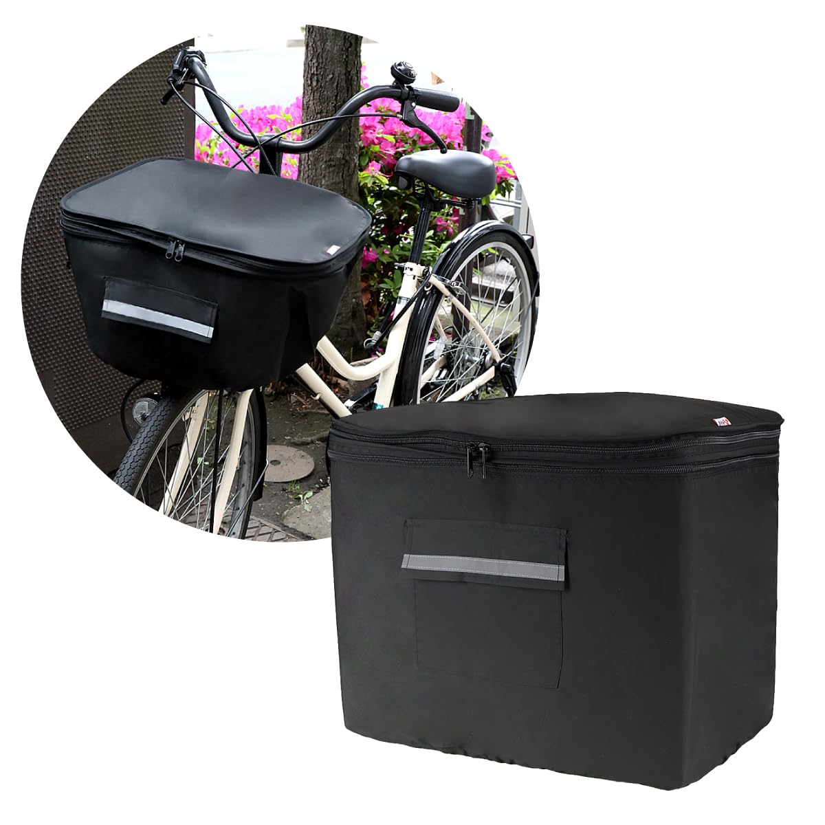自転車用前カゴカバー 2段式 ブラック TS-100BK 防水&はっ水加工 紐留め 両開き ポケット付き 反射帯