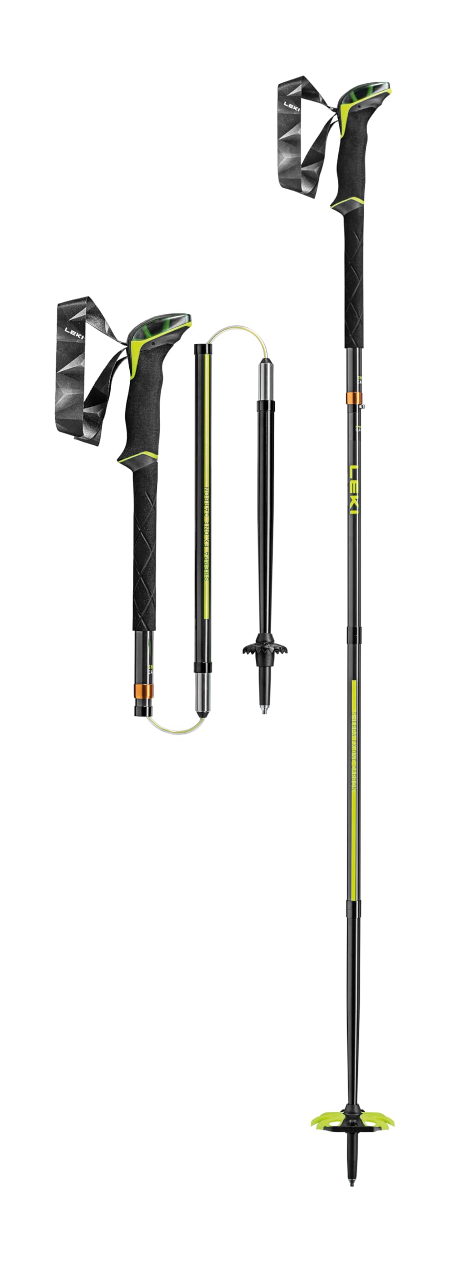 Trekking poles, mountaineering equipment, orange and black.