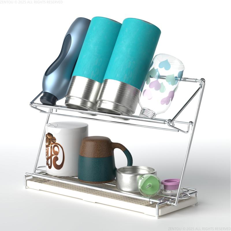 ZENTOU【一層⇔二層調整可能・折りたたみ式】水切りラック ボトルスタンド まな板スタンド付き 水筒・哺..