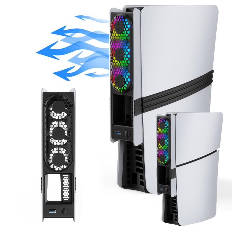 PS5 Pro用冷却ファン【新登場-自動温度検出】PS5 Pro/PS5スリム兼用冷却ファン 外部自動冷却 USB3.0ポートLEDライト付き 低騒音 3段階風速調整 放熱 急速冷却 熱対策 装着簡単 挿入起動 省スペース