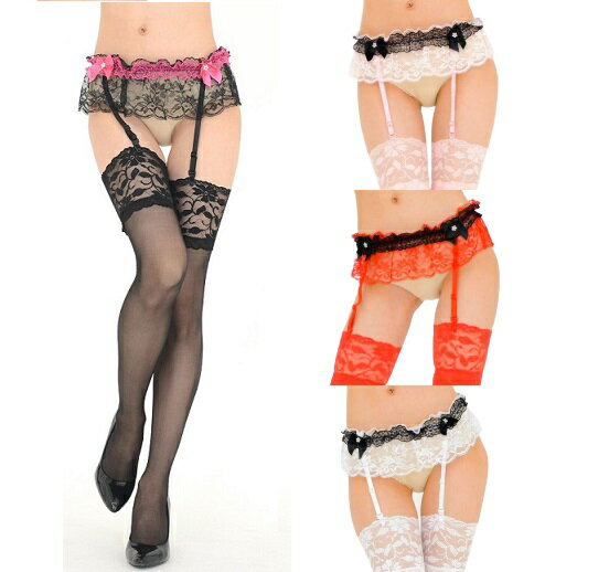 ガーターベルト 黒 白 赤 ピンク レース フリル ガーターストッキング コスプレ メイド ニーハイ ストッキング セクシーランジェリー セット 黒 白 赤 ピ...