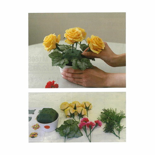 フラワーアレンジメントキット 発展Lセット 認知機能の訓練やレクリエーションに利用可能です。 土台スポンジに付けられた印に花材を挿し込むことで作品が完成します。 ●基本Mセット 初心者の方でも気軽に楽しめる簡易テザインです。 花材は、黄色ガーベラ+桃色力ーネーションオレンジ色バラ+桃色力ーネーション/ 桃色バラ+赤色力ーネーションの3種類からお選びいただけます ●発展Lセット 基本Mセットよりも作業工程が複雑になり、難易度が上がります。 花材は、赤色バラ+ピンク色力ーネーション/黄色バラ+赤色力ーネーションの 2種類からお選びいただけます 寸法： (完成品)基本Mセット/約180(W)×180(D)×165(H)mm 　　　　発展Lセット/約200(W)×200(D)×185(H)mm 質量： (完成品)基本Mセット/約188g 発展Lセット/約233g (花材・葉材・予備花材)ポリエステル、 材質： (印付スポンジ)フェノール樹脂、(印付スポンジ器)紙、 (専用ケース)不織布 内容： 基本Mセント/ガーベラもしくはバラ(メイン花材):5本+予備3本、カーネーション (サブ花材):4本、大きな葉材:4本、小さな葉林15本 発展Lセット/バラ(メイン花材):9本+予備5本、カーネーション(サブ花材):8本、 大きな葉材:4本、小さな葉材:20本 共通/印付スポンジ:3個、印付スポンジ器、手順書、実践マニュアル、専用バッグ 広告文責：薬局元気爽快本店(03-5207-2699)