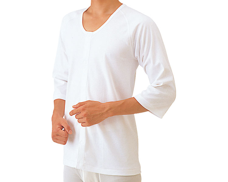 ワンタッチ肌着　紳士用　前開き7分袖 【商品説明】 ●着脱カンタン！マジック式ボタンでストレス軽減のワンタッチ肌着。 ●高級エジプト綿使用。ラグラン袖。 ●丸型マジック。ボタンをかける手間を全面解消。 ●素材／綿100％ ●生産国／日本 ●洗濯機可（弱） ●脱水機可 ●乾燥機不可 広告文責：介護の三ツ矢天狗　・・・・・・