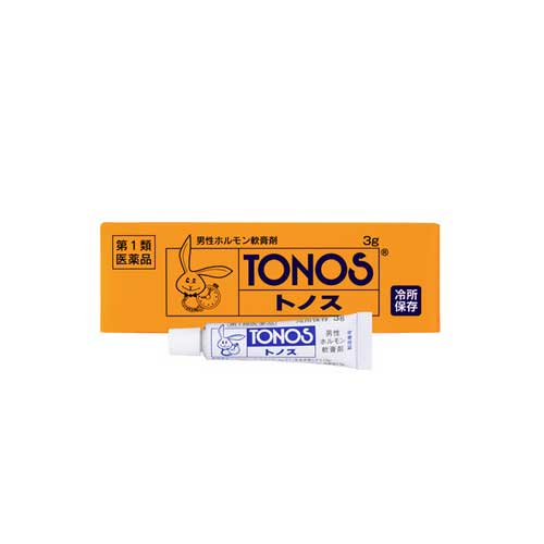 TONOS（トノス） 【商品説明】 早漏防止・男性ホルモンの不足に局所麻ひ剤と天然型のテストステロン（男性ホルモン）を配合した医薬品です。亀頭冠によくすり込むことで、局所麻ひ剤の作用による射精遅延化の効果が期待できます。 また、男性ホルモンの作用として、ホルモンの分泌不足による精力減退、勃起力減退、遺精、男子更年期障害の改善に効果が期待できます。 項目 内容 医薬品区分 一般用医薬品 薬効分類 その他の泌尿生殖器官及び肛門用薬 承認販売名 　　　 製品名 トノス 製品名（読み） トノス 製品の特徴 本剤は有効成分として局所麻ひ剤（アミノ安息香酸エチル、プロカイン塩酸塩、ジブカイン塩酸塩）と男性ホルモンであるテストステロンを配合した医薬品です。 亀頭冠によくすり込むことで、局所麻ひ剤の作用により射精の遅延化に効果が期待できます。男性ホルモンはひと口で言えば「男らしさ」を促す物質で、皮ふ柔軟部（陰のう部）にすり込むことで体内に吸収されますので、加齢によるホルモンの分泌不足による精力減退、勃起力減退、遺精、男子更年期障害の症状の改善が期待できます。 クール便での発送となります 局所麻ひ剤と天然型のテストステロン（男性ホルモン）を配合した医薬品です。亀頭冠によくすり込むことで、局所麻ひ剤の作用による射精遅延化の効果が期待できます。 また、男性ホルモンの作用として、ホルモンの分泌不足による精力減退、勃起力減退、遺精、男子更年期障害の改善に効果が期待できます。 広告文責：薬局元気爽快本店(03-5207-2699)【商品説明】 早漏防止・男性ホルモンの不足に 早漏防止・男性ホルモンの不足に局所麻ひ剤と天然型のテストステロン（男性ホルモン）を配合した医薬品です。亀頭冠によくすり込むことで、局所麻ひ剤の作用による射精遅延化の効果が期待できます。 また、男性ホルモンの作用として、ホルモンの分泌不足による精力減退、勃起力減退、遺精、男子更年期障害の改善に効果が期待できます。