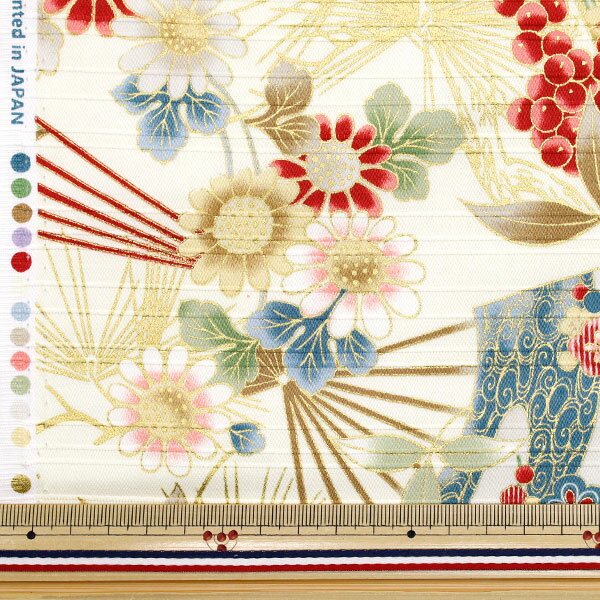 【数量5から】 生地 『サテンスラブ 色彩文様 扇 アイボリー AP42901-3A』