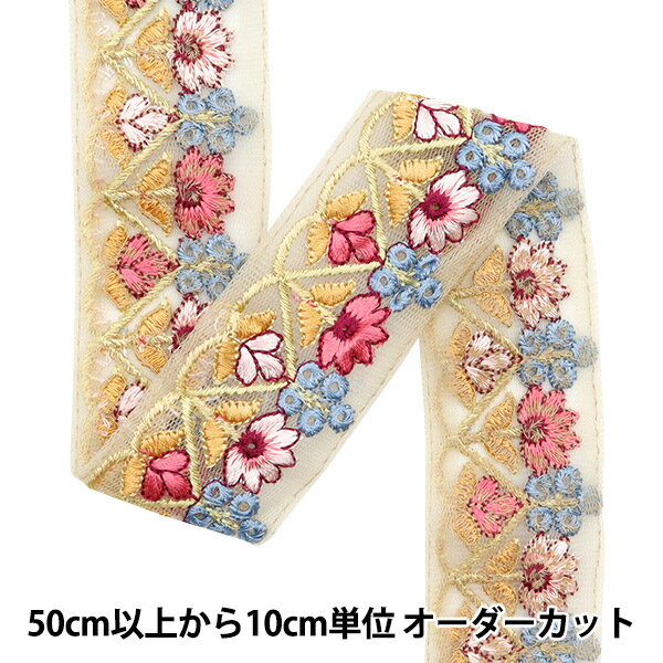 【数量5から】 手芸ブレード 『2024 インド刺繍ブレード ベージュ×ピンク M-101#1』