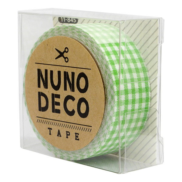 KAWAGUCHI(カワグチ) 『NUNO DECO TAPE (ヌノデコテープ)　みどりチェック』 11-845 アイロンで簡単接着・水洗いもOK！ 人気のKAWAGUCHI(カワグチ) 『NUNO DECO TAPE (ヌノデコテープ)から、新柄が登場！ お子さんの入園・入学に使う、用具や洋服、 学校やオフィスなどで使うマイ文具などの目印に 布素材の、ナチュラルシンプルな単色やオシャレでカワイイ、トレンド柄まで 身の周り品をアレンジしてみてはいかがですか？ ◆サイズ：幅1.5cm (1.2m巻） ◆色/柄 ：ミドリチェック ※モニターによって実物のお色と若干異なる場合がございます。 【手芸用品・毛糸・生地の専門店 ユザワヤ】