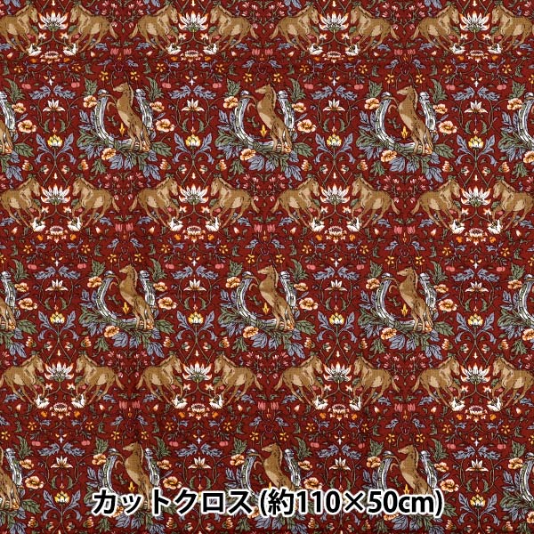 生地 『シーチング ホースフラワー カットクロス 約110cm×50cm レッド C-AP55103-2C』