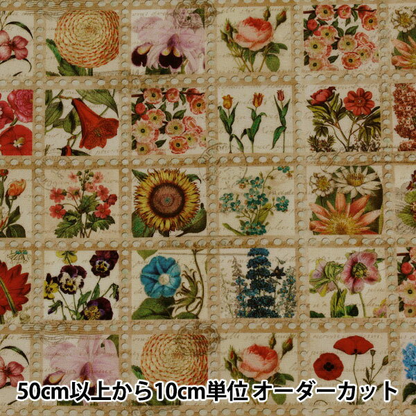 【数量5から】 生地 『インクジェットプリント 切手 花 ATXD19597-200』 USAコットン