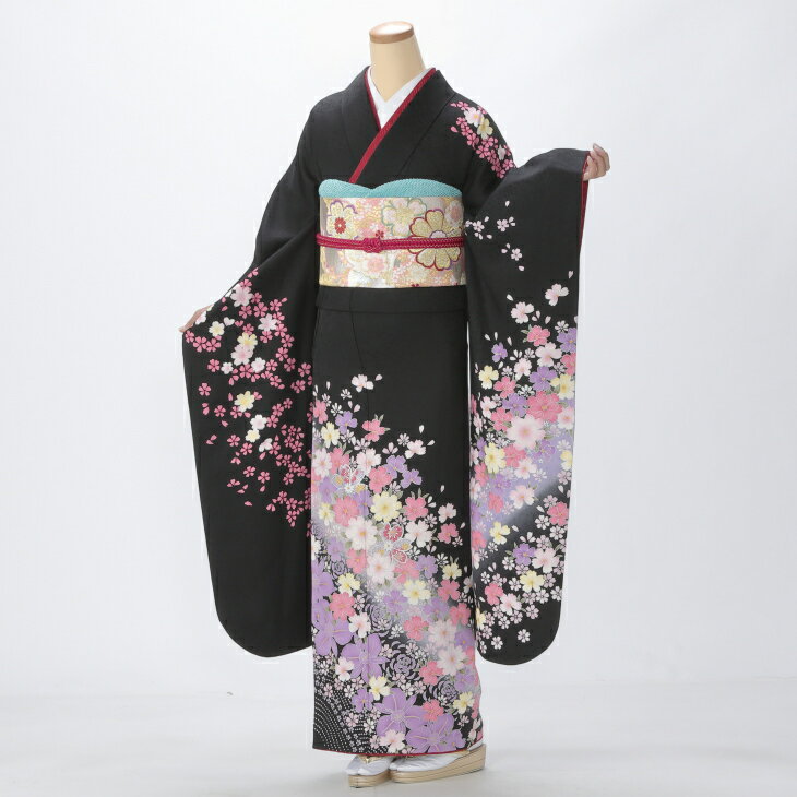 【レンタル】【成人式】振袖 フルセット Mサイズ 花柄 黒系 結婚式 卒業式 結納 レンタル着物 66446