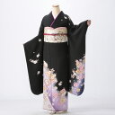 【レンタル】【成人式】振袖 フルセット Mサイズ 花柄 黒系 結婚式 卒業式 結納 レンタル着物