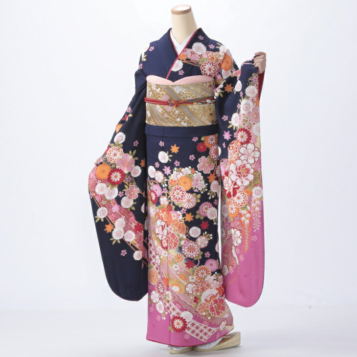 【レンタル】【成人式期間外】振袖 フルセット Lサイズ 花柄 青・紺系 状態:A 振袖フルセット 成人式 結婚式 卒業式 結納 リユース レンタル着物 (5泊6日：1月21日 - 12月19日) 26965