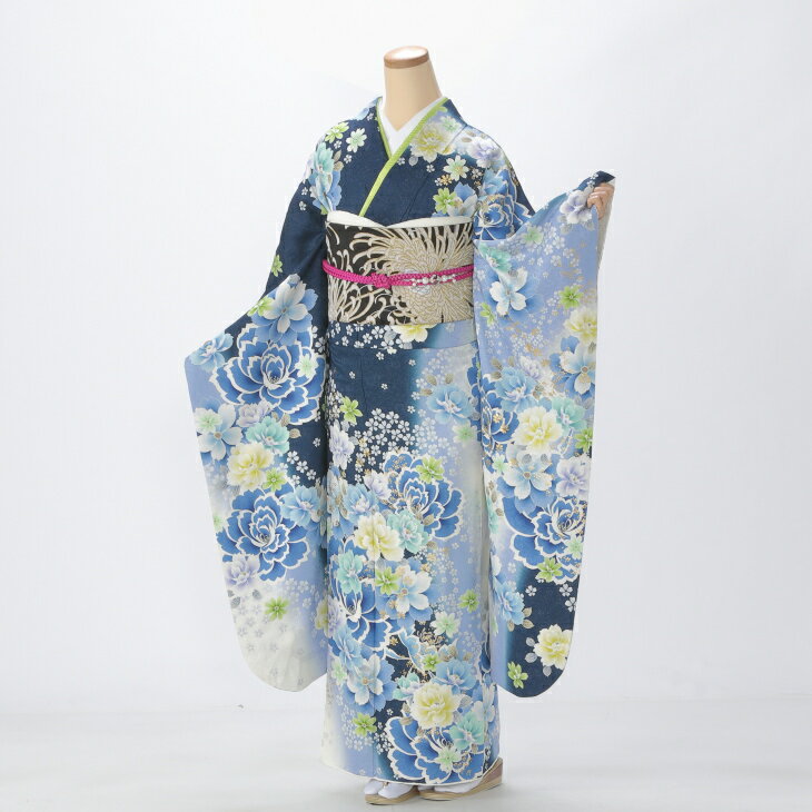 【中古】【購入品】振袖 フルセット Mサイズ モダン柄 青・紺系 成人式 リユース 状態:A 販売 結婚式 卒業式 結納 着物 25064