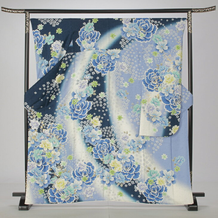 【中古】【購入品】振袖 フルセット Mサイズ モダン柄 青・紺系 成人式 リユース 状態:A 販売 結婚式 卒業式 結納 着物 25064