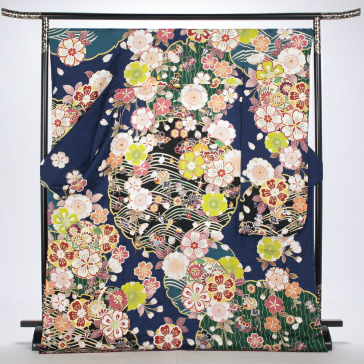 【中古】【購入品】振袖 フルセット LLサイズ ほぼ新品 成人式 着物 振袖フルセット 青・紺系 リユース 状態:S 販売 良品 正絹 振り袖 卒業式