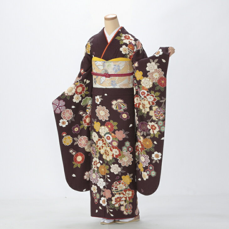【中古】【購入品】振袖 フルセット Mサイズ 古典柄 茶系 成人式 リユース 状態:A 販売 結婚式 卒業式 結納 着物 70224
