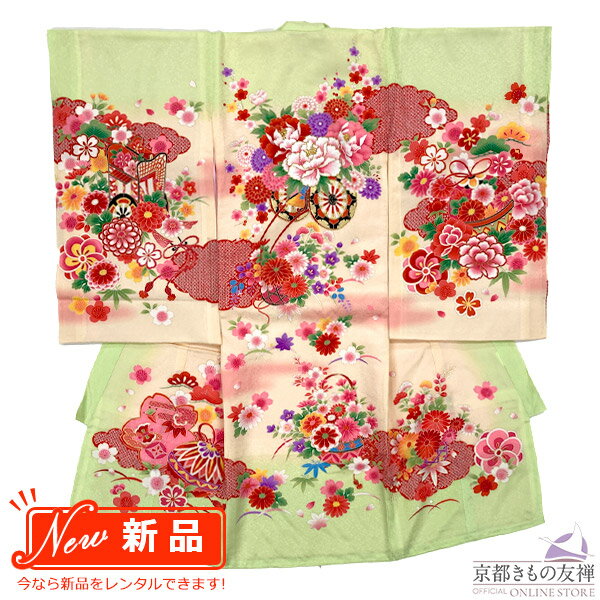 【レンタル】産着 お宮参り 着物 女の子 黄緑 花 毬 正絹 初着 祝着 長襦袢 熨斗目 掛け着物 祝い着 ベビー レンタル着物 (5泊6日)