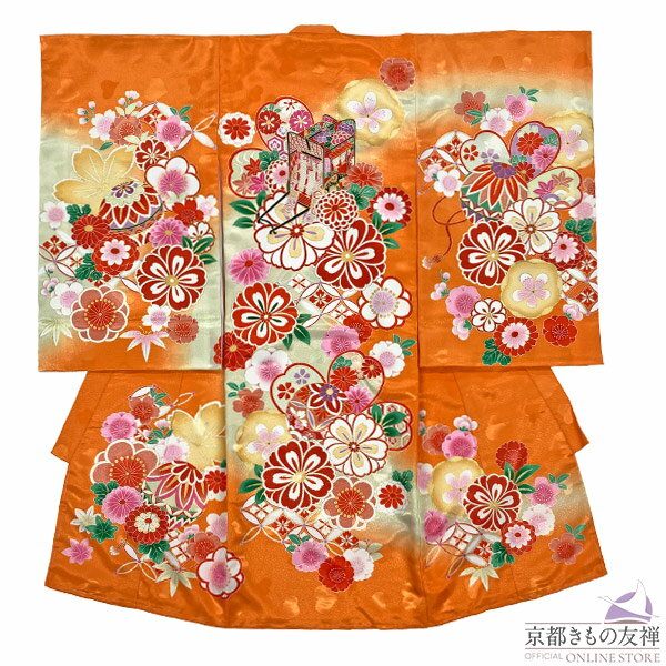 ブラックフライデーPT5倍! 【レンタル】産着 お宮参り 着物 女の子 オレンジ 花 毬 初着 祝着 長襦袢 熨斗目 掛け着物 祝い着 ベビー レンタル着物 (...