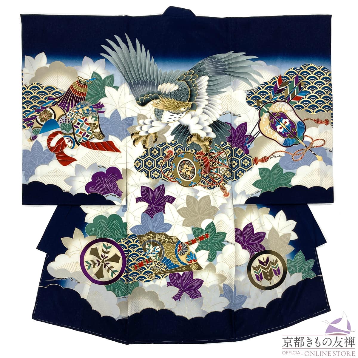 【レンタル】産着 お宮参り 着物 男の子 正絹 青 紺 鷹 亀甲 青海波 初着 祝着 長襦袢 熨斗目 掛け着物 祝い着 ベビー レンタル着物 (5泊6日)