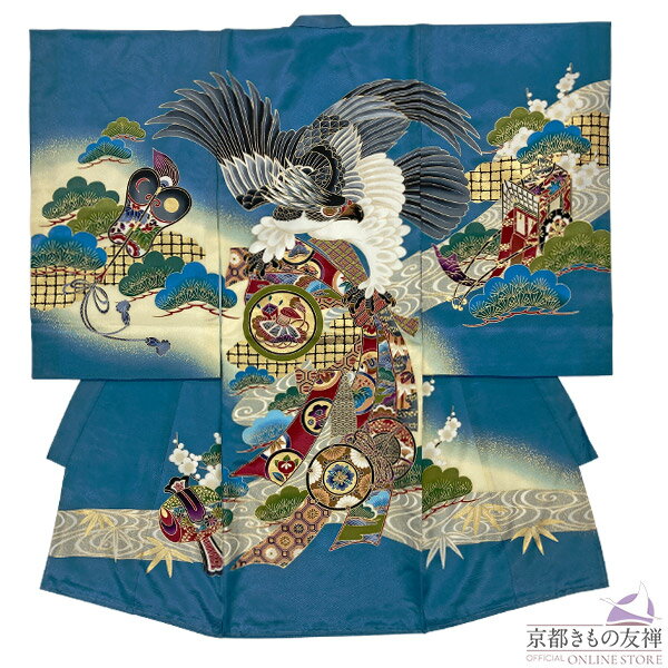 【レンタル】産着 お宮参り 着物 男の子 正絹 青 鷹 初着 祝着 長襦袢 熨斗目 掛け着物 祝い着 ベビー レンタル着物 (5泊6日)