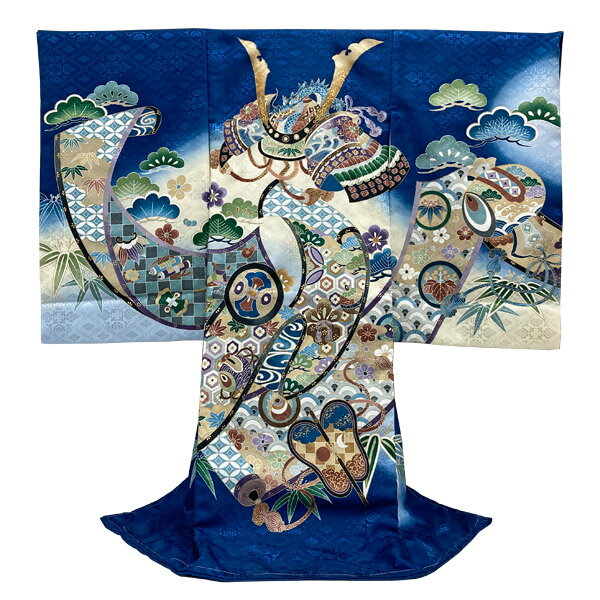 【レンタル】産着 お宮参り 着物 男の子 青 紺 兜 カブト 初着 祝着 長襦袢 熨斗目 掛け着物 祝い着 ベビー レンタル着物 (5泊6日)