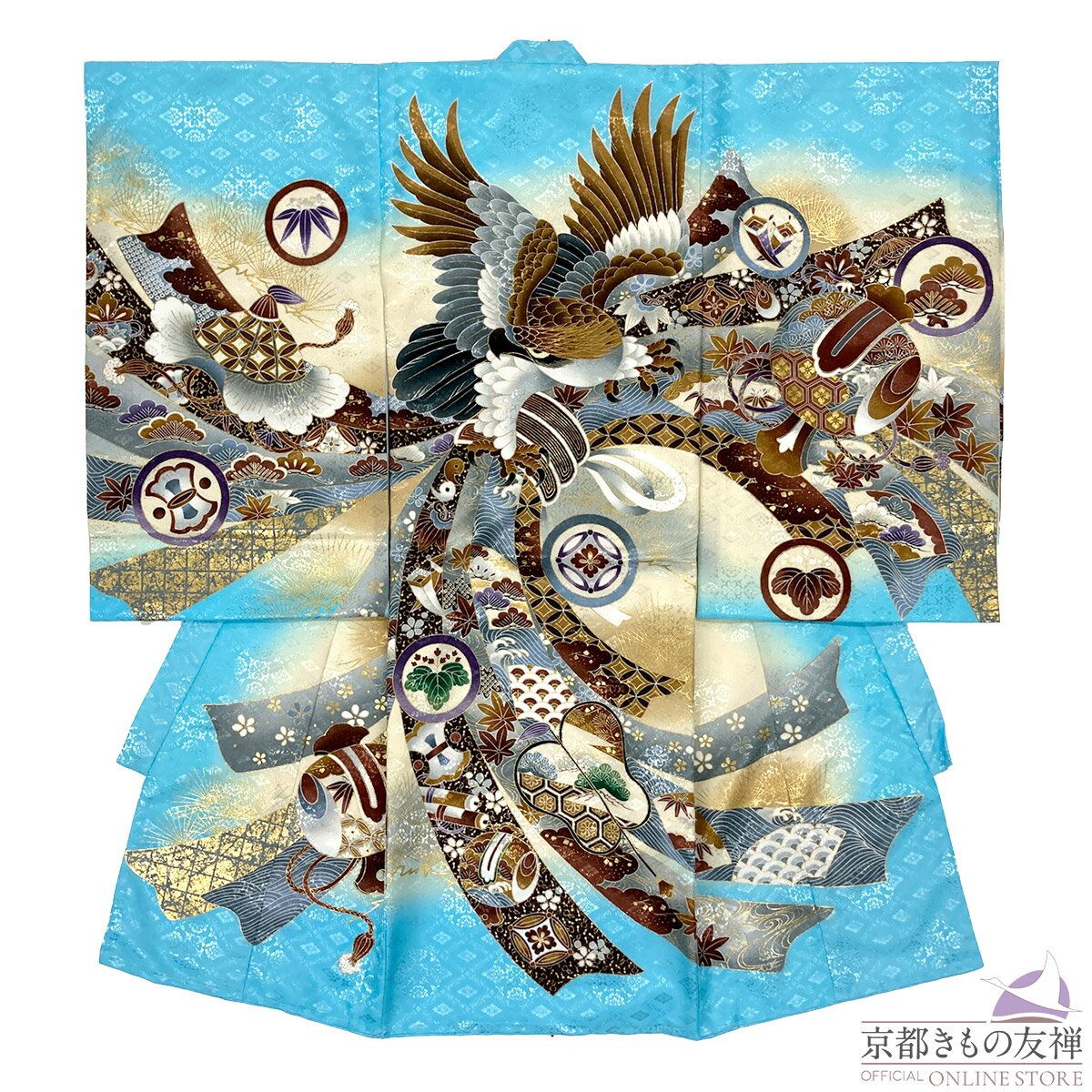 ブラックフライデーPT5倍! 【レンタル】産着 お宮参り 着物 男の子 青 水色 鷹 初着 祝着 長襦袢 熨斗目 掛け着物 祝い着 ベビー レンタル着物 (5泊...